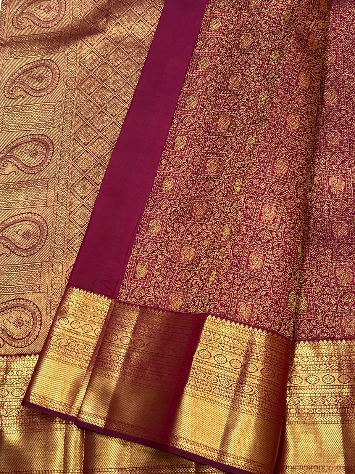 Deep Wine Floral Brocade Kanchipuram Bridal Silk Saree